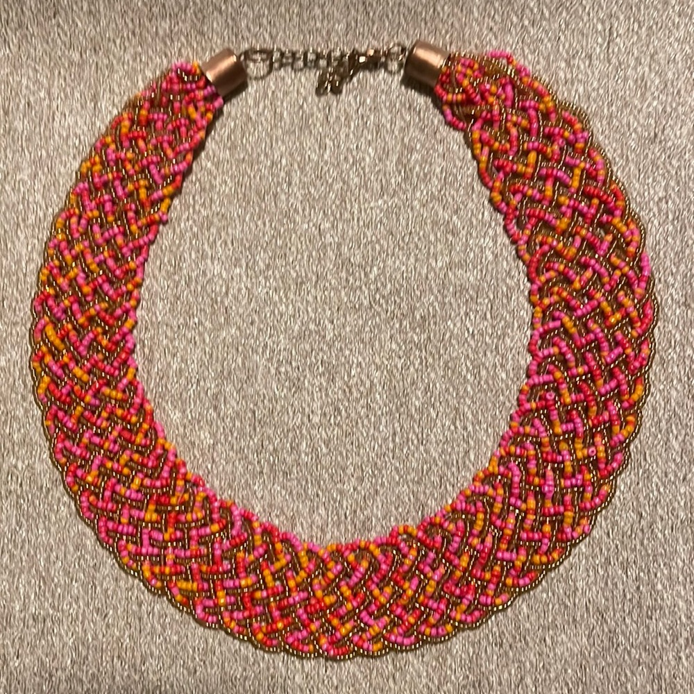 Coral, Pink and Gold 16” Beaded Collar Necklace